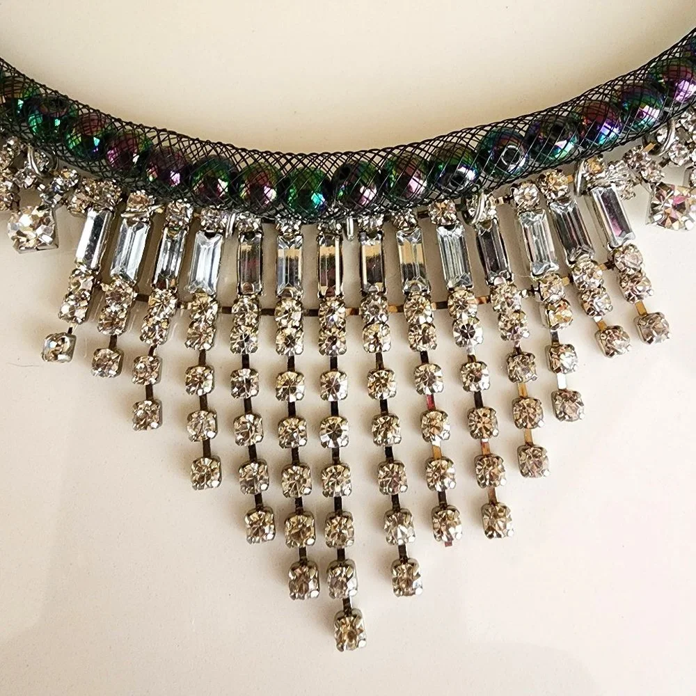 Rhinestone Cascade Fringe Black Iridescent Peacock Green Purple Bead Necklace